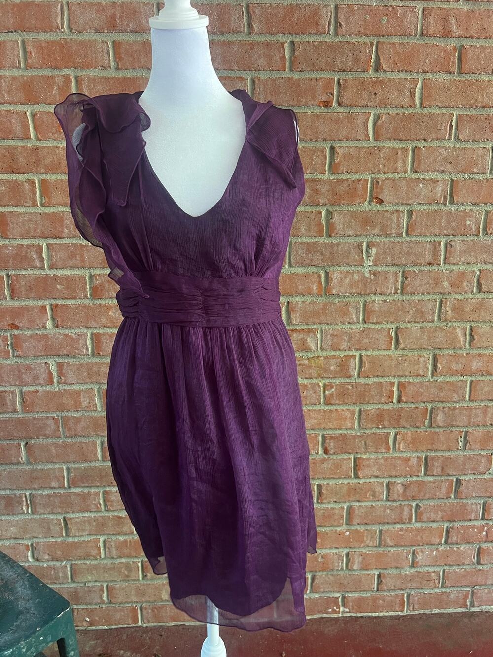 Poppy Garden Purple Chiffon Dress S Cascading Ruffle V Neck Ruched Waist